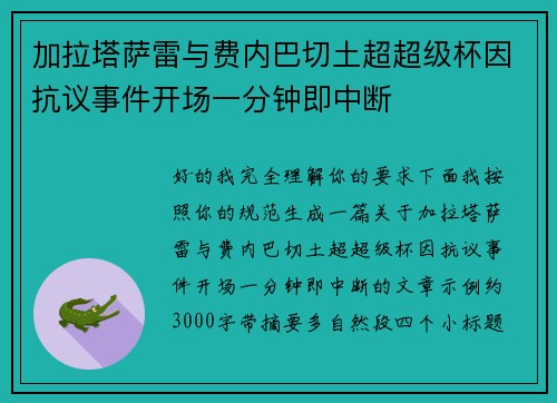 加拉塔萨雷与费内巴切土超超级杯因抗议事件开场一分钟即中断 加拉塔萨雷与费内巴切土超超级杯因抗议事件开场一分钟即中断